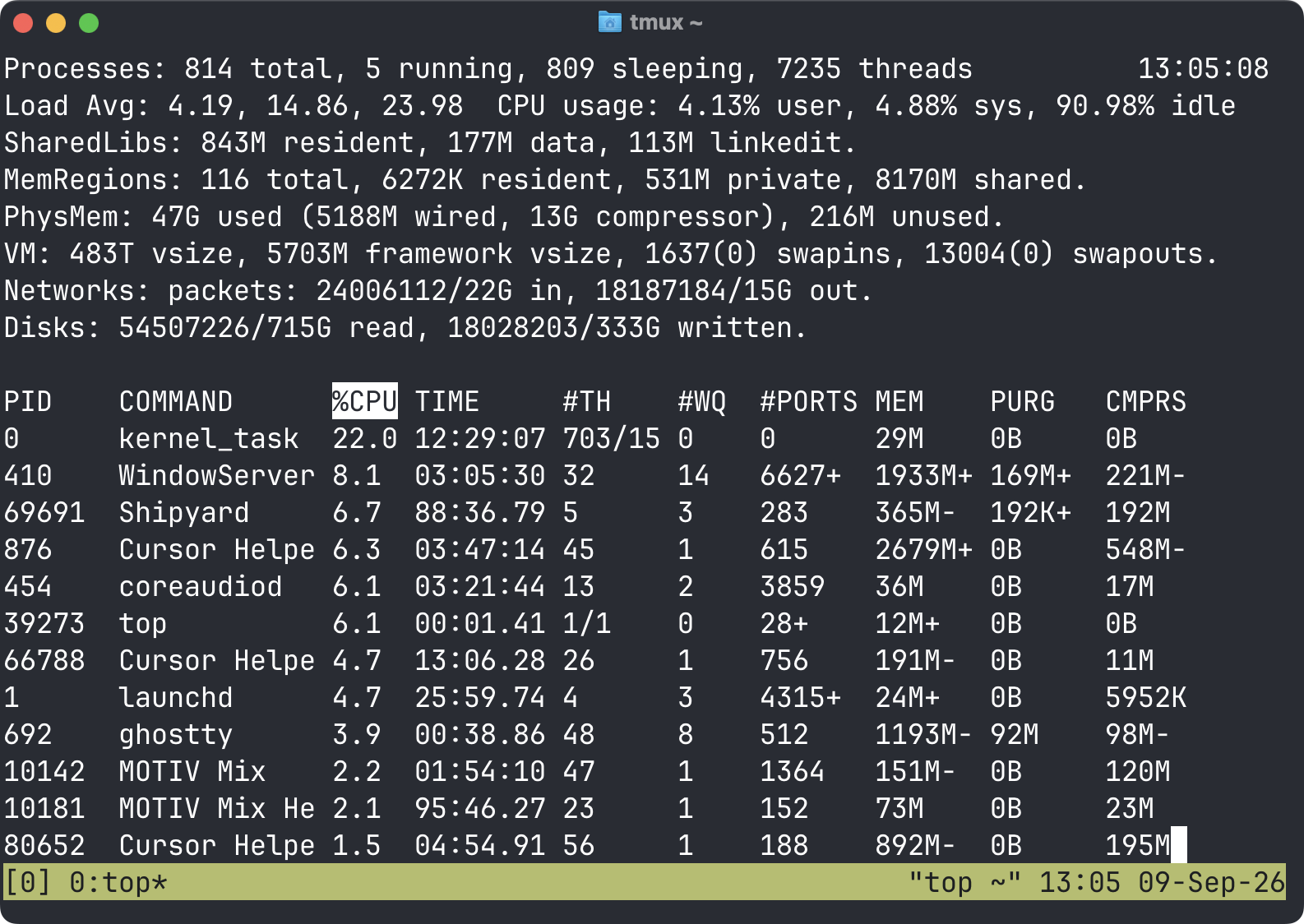 The top process monitor running inside tmux