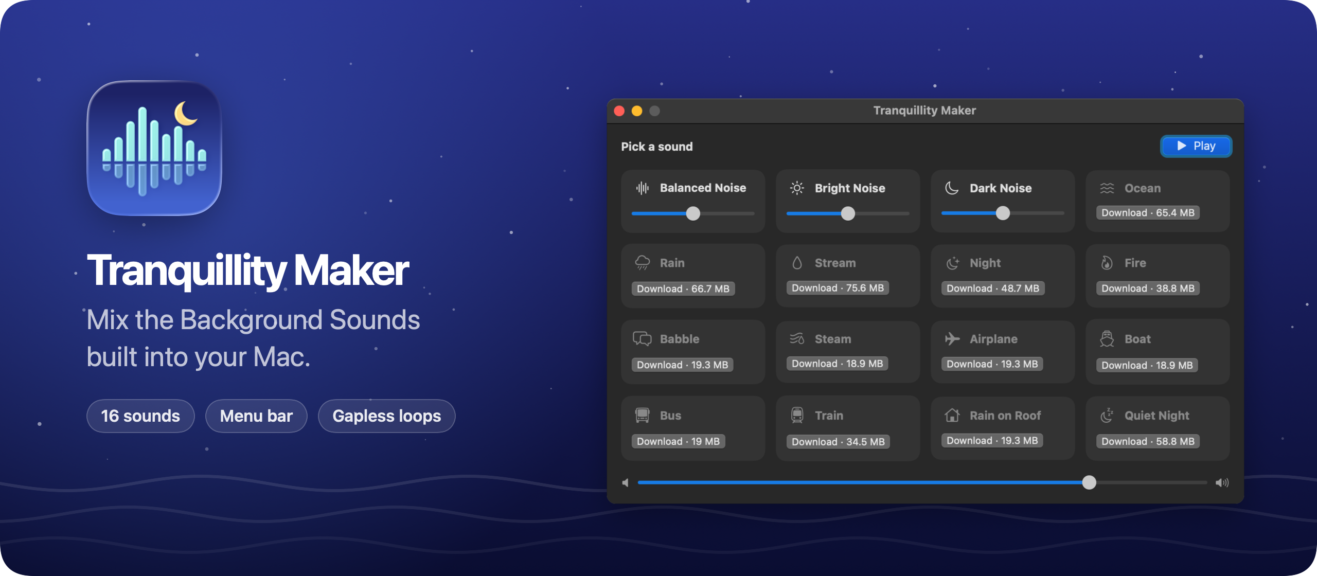Tranquillity Maker, a mixer for the Background Sounds built into your Mac