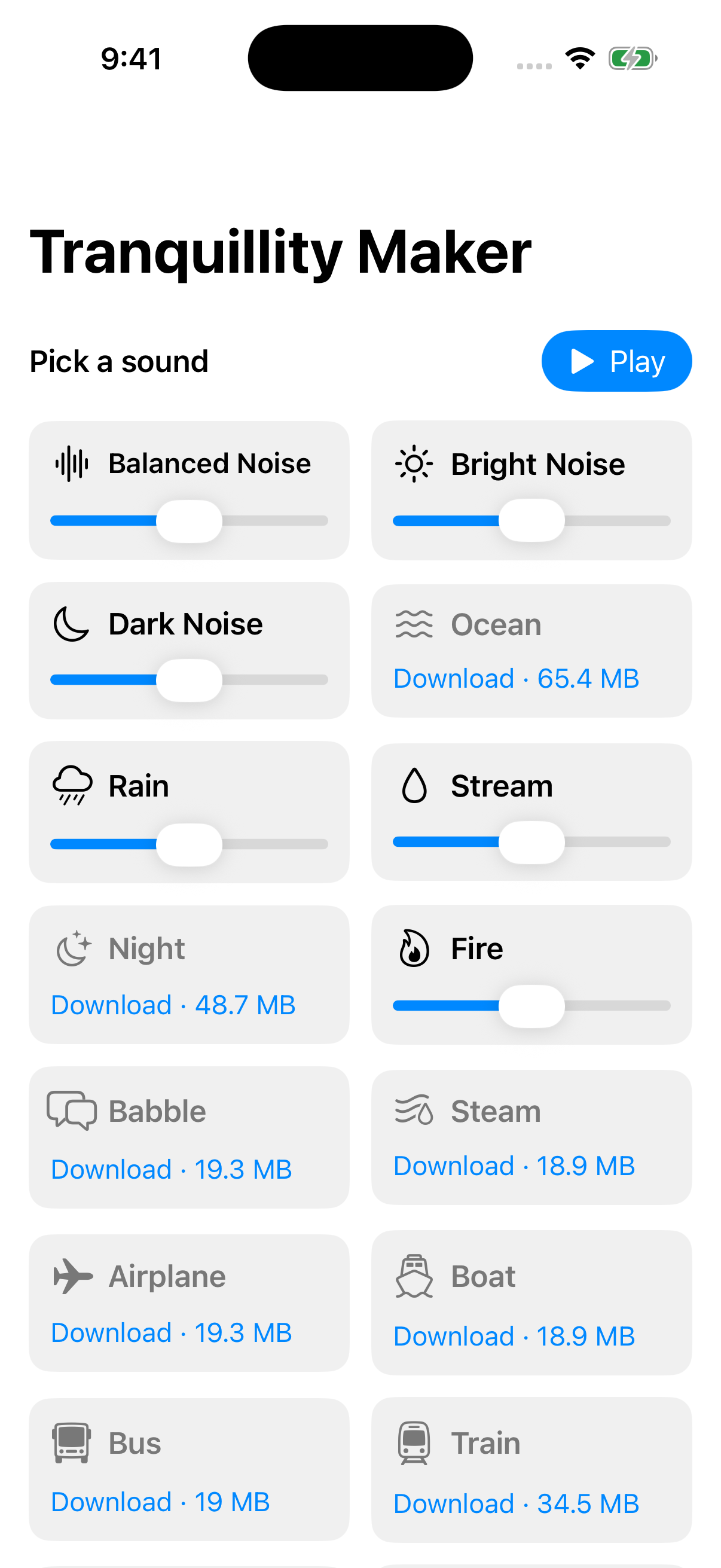 Tranquillity Maker on an iPhone, with the sounds in two columns