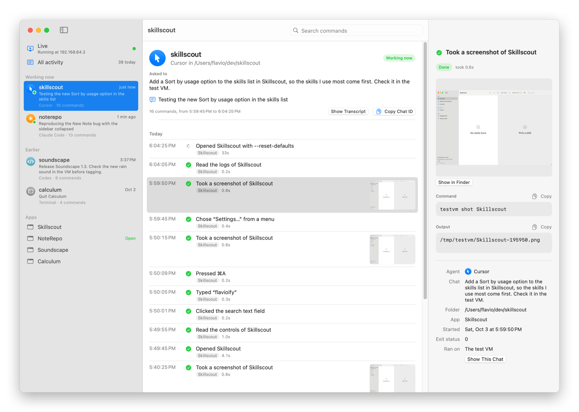 A Cursor chat's timeline in VM Monitor, with one of its screenshots open in the inspector