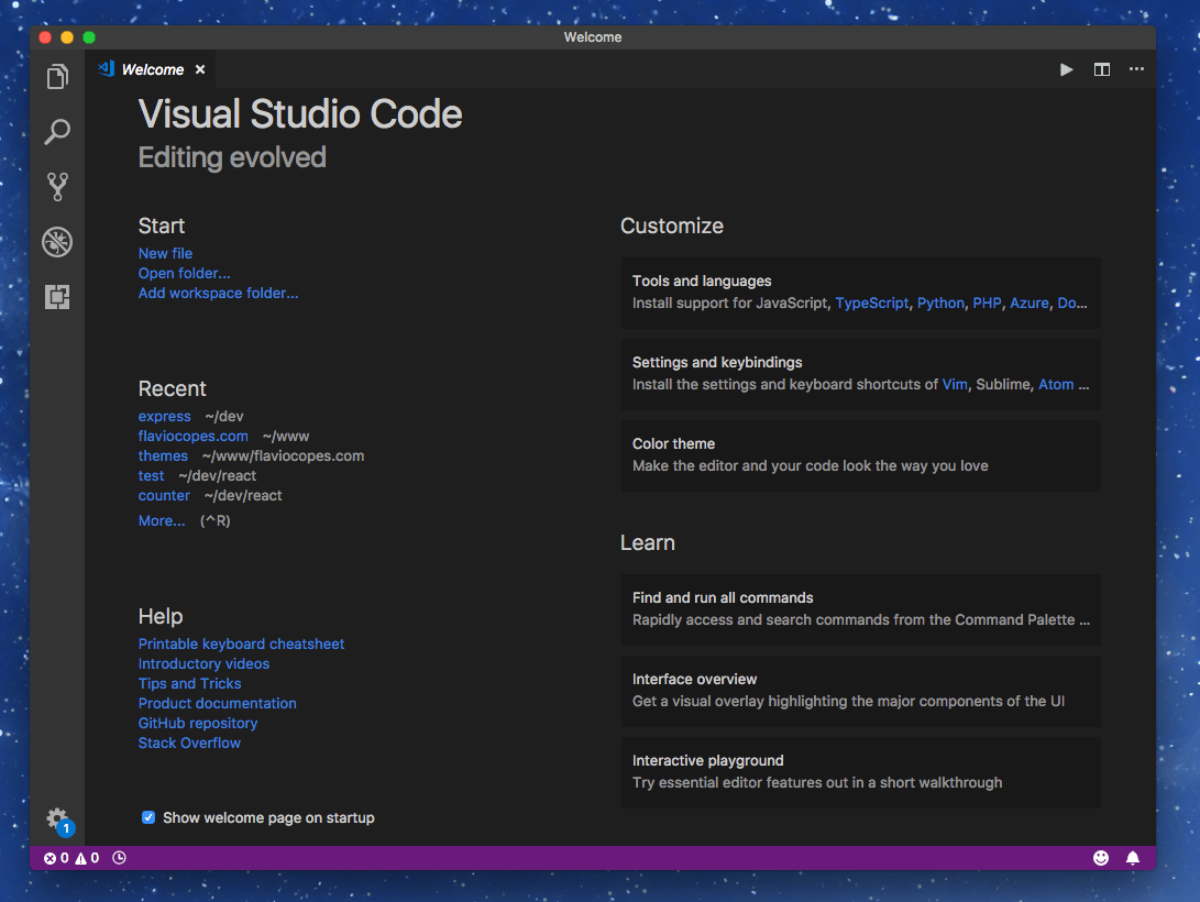 Welcome screen for VS Code