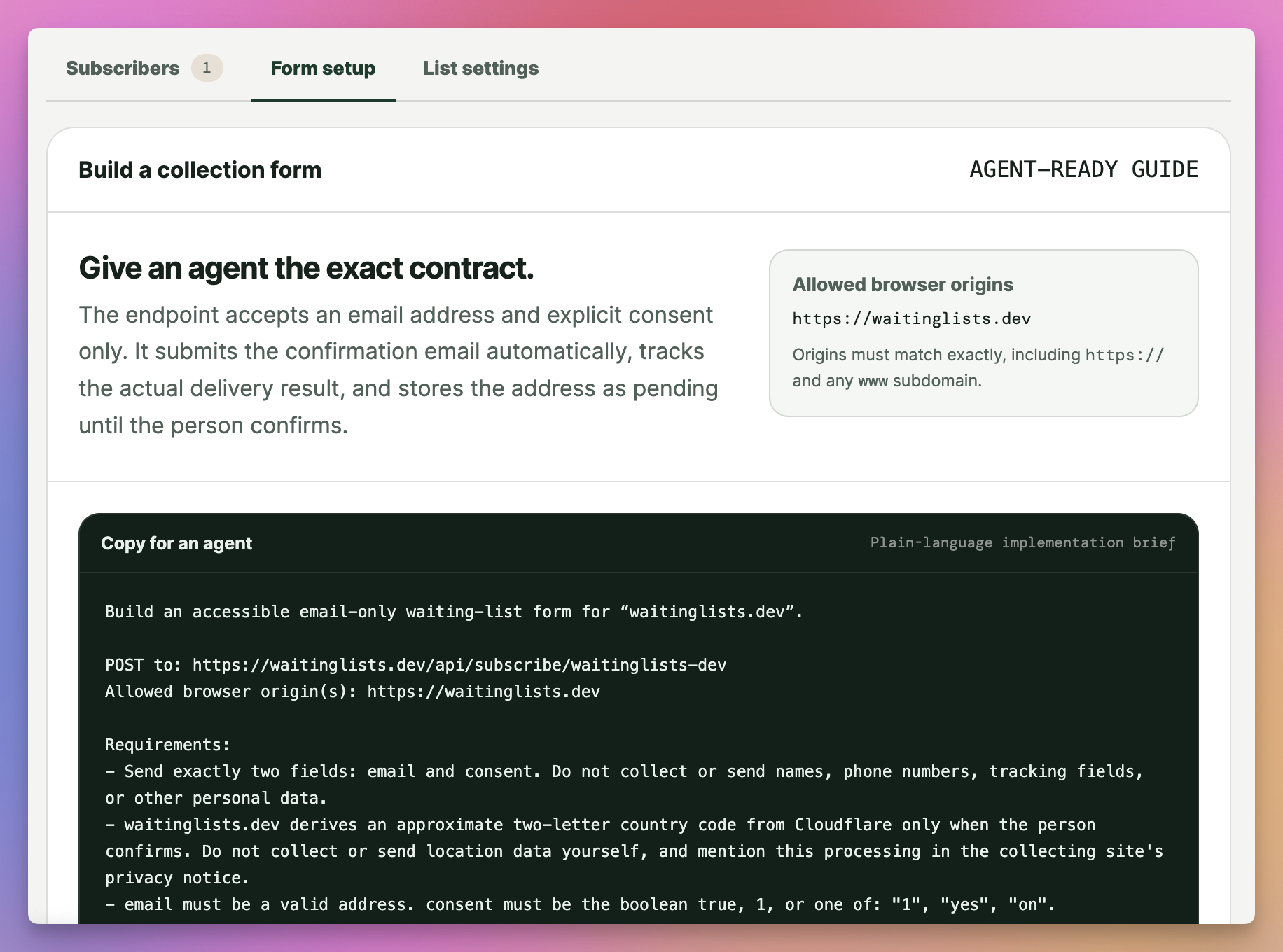 The agent-ready form setup guide with the endpoint contract and implementation brief