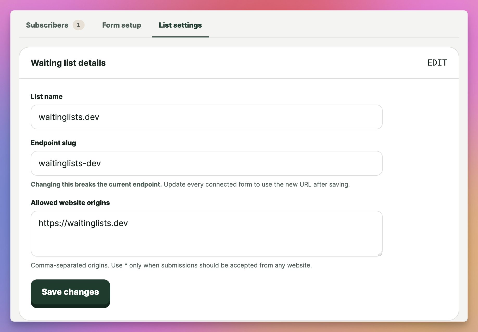 Waiting-list settings for the list name, endpoint slug, and allowed website origins