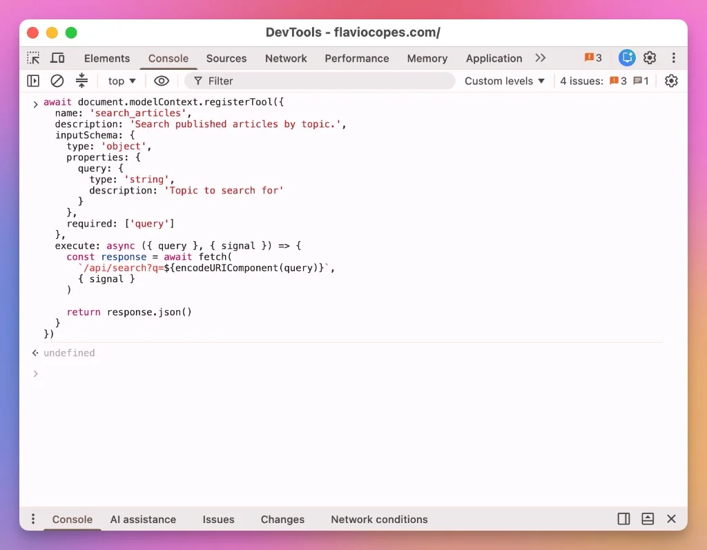 Registering the search_articles tool with an AbortSignal from the DevTools console