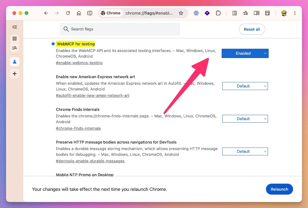 The WebMCP for testing flag set to Enabled in chrome://flags