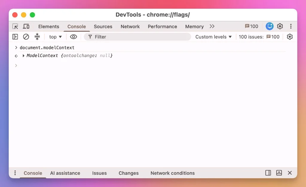 Evaluating document.modelContext in the DevTools console returns a ModelContext object