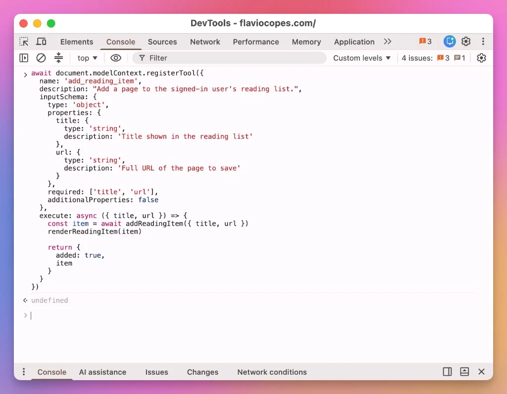 Registering the add_reading_item tool from the DevTools console