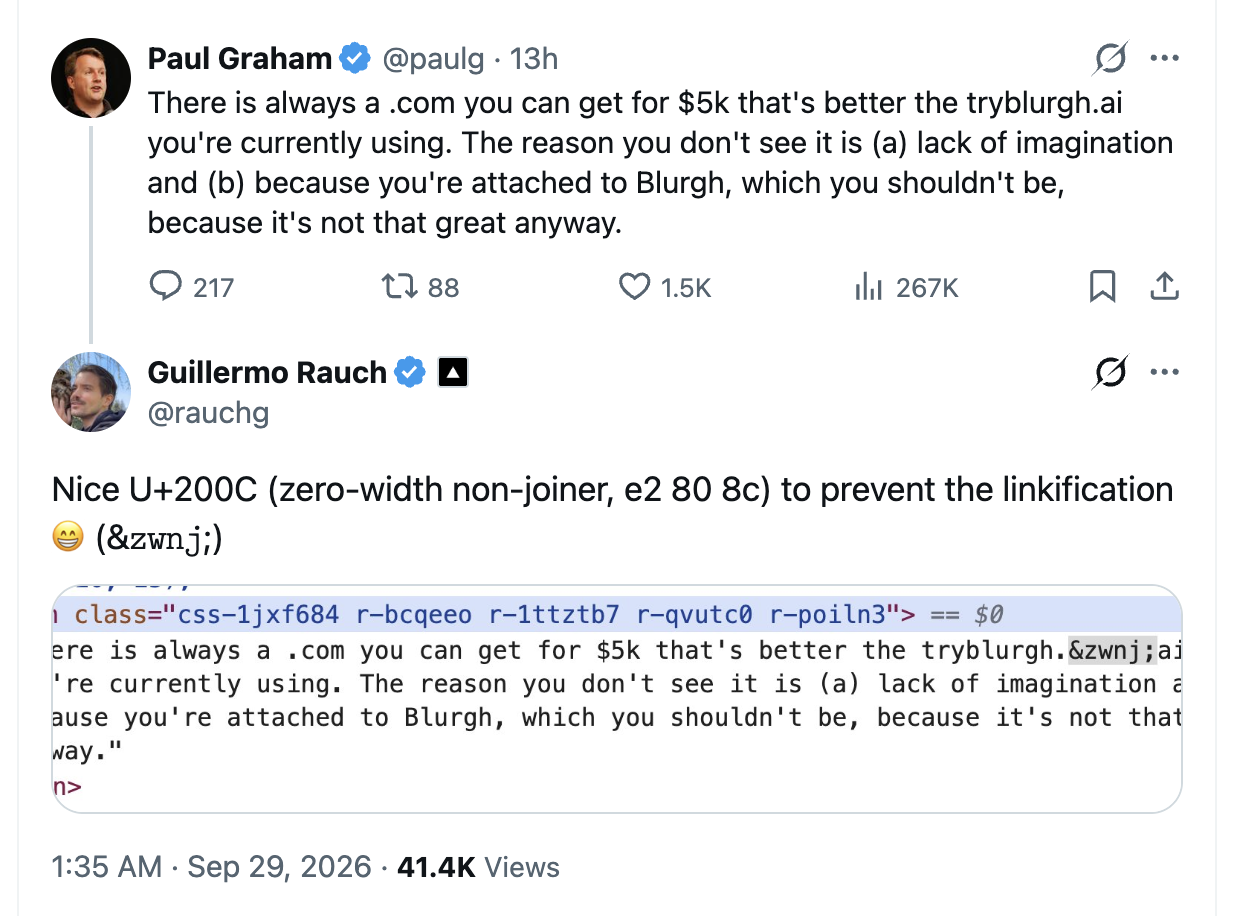 Paul Graham's post mentions tryblurgh.ai as plain text, and Guillermo Rauch's reply shows the DevTools with a hidden zero-width non-joiner between tryblurgh. and ai