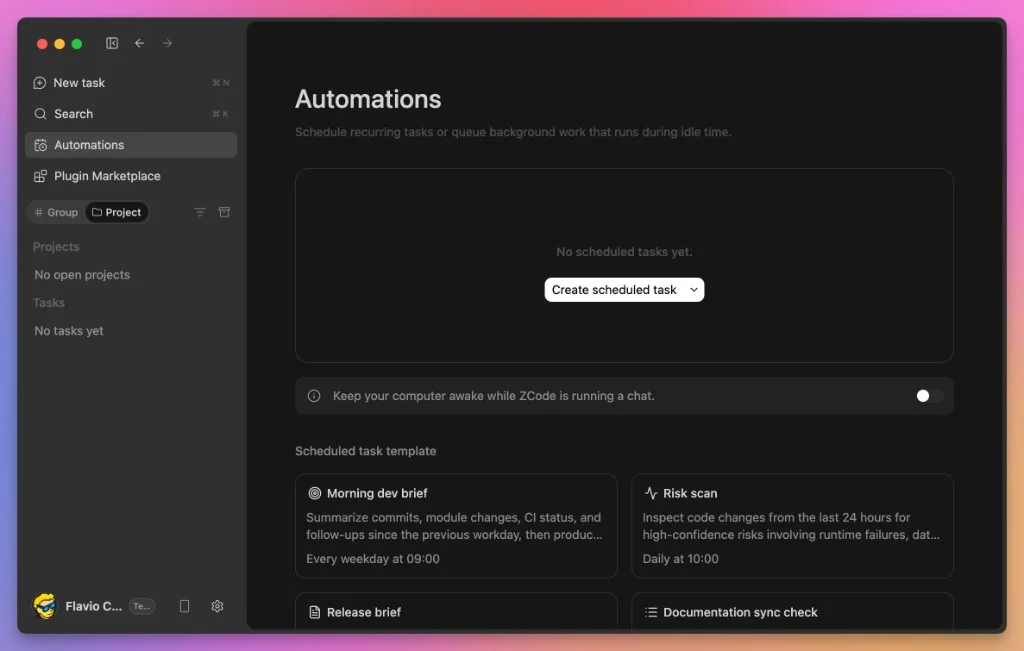 The ZCode Automations screen with scheduled task templates
