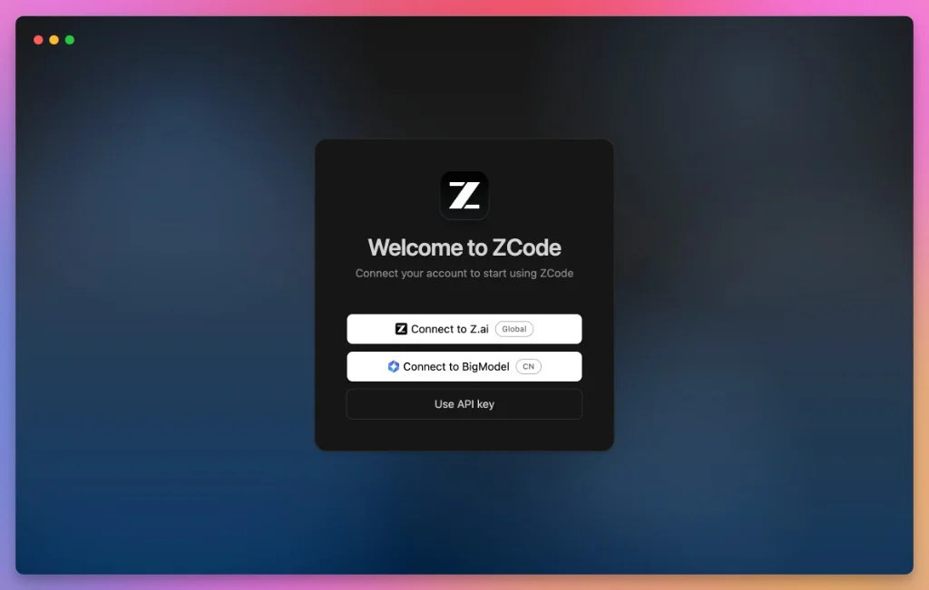 The ZCode welcome screen with the account connection options