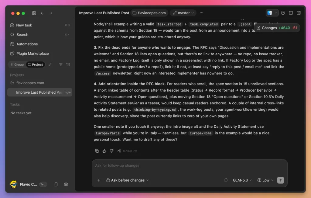 The ZCode task result with four concrete suggestions to improve the post