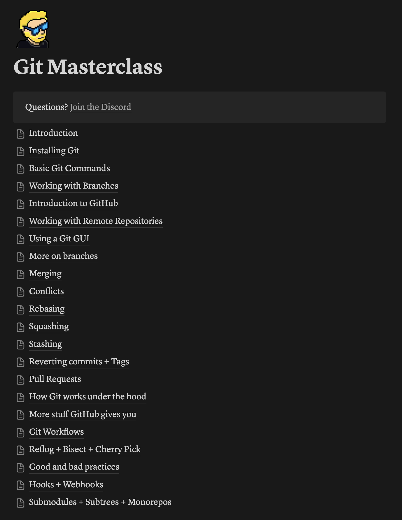 Git Masterclass Table of Contents